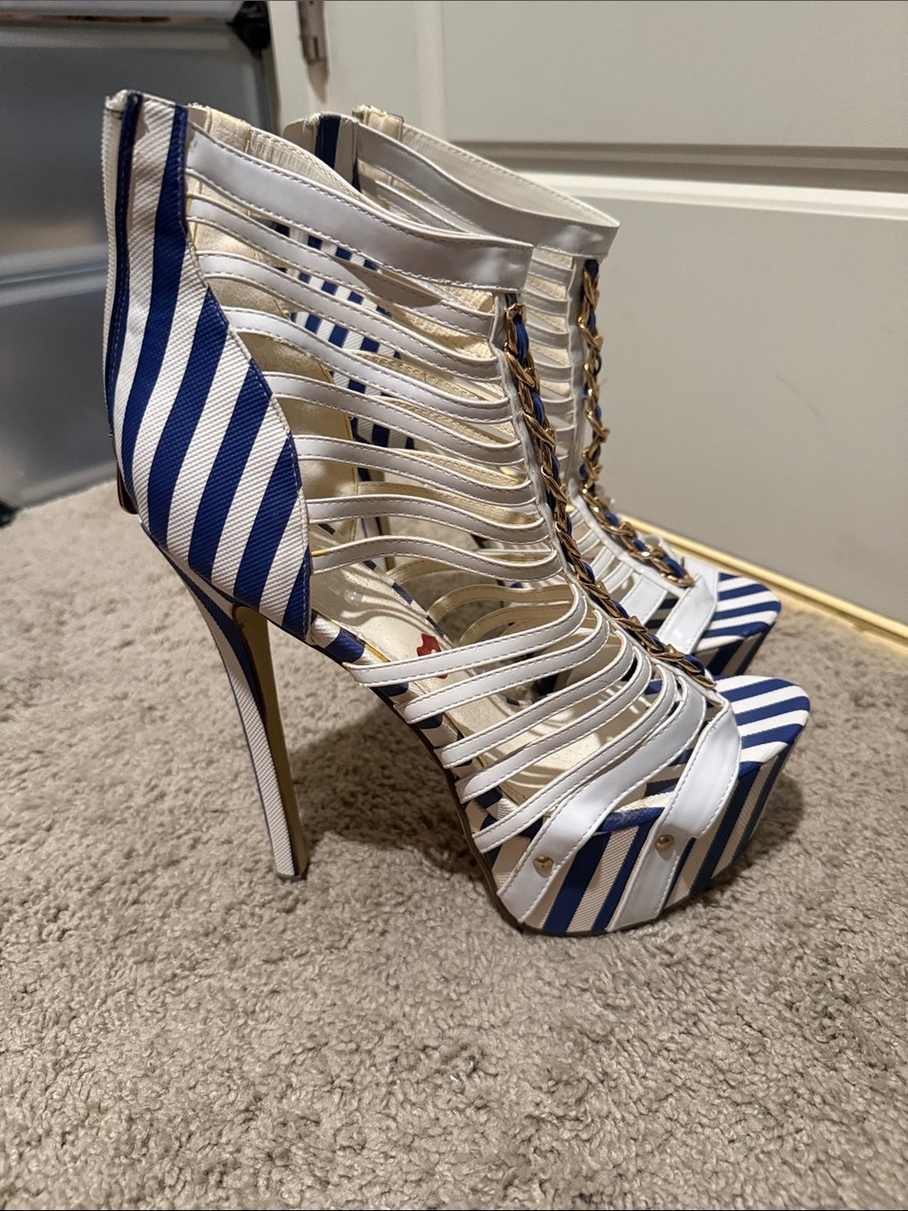 Striped Navy and White Strappy High-Heel Sandals